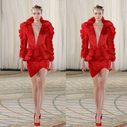 2021 Tony Ward Prom Dresses Sexy Ruffles Deep V Neck Long Sleeve Mini Evening Gowns 2 Pieces Red Carpet Dress vestidos de novia