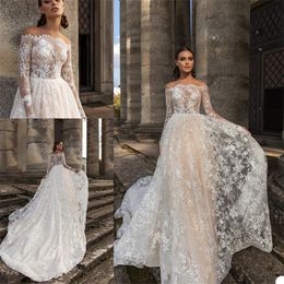 newest full lace aline wedding dresses custom made long sleeves sweep train bridal gown hot sale bateau beach boho bridal gown