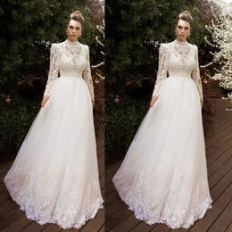 High Neck Wedding Dresses Long Sleeves A Line Bridal Gowns Plus Size 4 6 8 10 12 14 16 18 20 22 24
