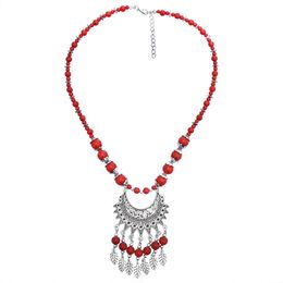 Vintage Style Geometry Moon Carving Flower with Red Beads and Leabes Tassels Pendant Necklace for Women Party Jewellery Wedding Gift