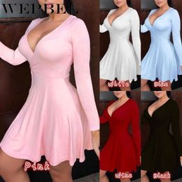 WEPBEL Solid Colour Long Sleeve Deep V Neck Slim Fit Dress High Waist Summer Dress Plus Size Women Fashion