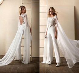 2020 Wedding Dress Jumpsuits With Wrap Jewel Neck Floral Appliqued Bridal Gowns pant suit Open back Abiti Da Sposa