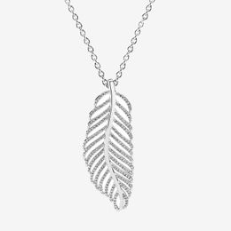 Sparkling Light feather Pendant NECKLACE CZ diamond Women Wedding Gift with Original box for Pandora 925 Sterling Silver Chain Necklaces