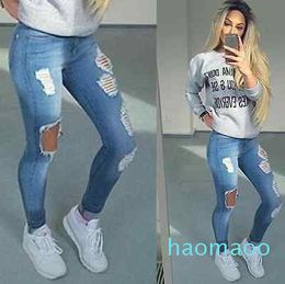 Hot sale-Hot Stylish Women's Pencil Stretch Casual Hole Denim Pants High Waist Jeans Trousers