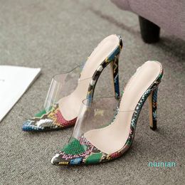 Hot sale-size 35 to 42 ladies transparent clear heels mules designer sandals green snake prints PVC patchwork stiletto heels