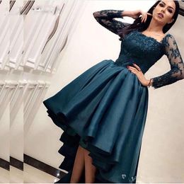Setwell Square Neck A-line Evening Dresses 3/4 Long Sleeves Hi-Lo Lace Appliques Prom Party Formal Gowns