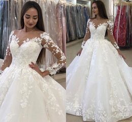 Sheer Neck Long Sleeve Ball Gown Wedding Dresses 2021 Saudi Arabia Lace Appliqued Bridal Gowns Court Train Dubai Vestidos De Novia AL6782