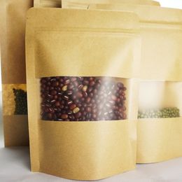 9x14cm 100pcs/lot X Brown Standing Kraft Paper Ziplock Bags with Matte Clear Window-Reusable Flower Teabag Storage Sachet, Coffee Bean Pack