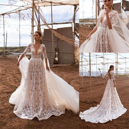 Elegant Custom Made Wedding Dresses With Detachable Sleeves V Neck Full Lace Ruched Tulle Bridal Gown Hollow Back Court Train Bridal Dress