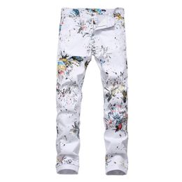 Men's Jeans Dragon Printed White Fashion Slim Fit Coloured Painted Stretch Pencil Pants Long