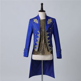 Men's Fashion Jacquard Jacket England Style Vintage Court Prince Long Embroidered Tailcoat Male Singer Stage Performance Coat Blue Slim Fit Tuxedo