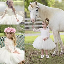 Princess Party Gowns Tea Length Tulle Flower Girls Dresses For Weddings Jewel Neck Lace Long Sleeves First Communion Dress B101