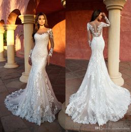 Sheer Long Sleeves Lace Mermaid Dresses Scoop Neck Tulle Applique Sweep Train Wedding Bridal Gowns Robes De Marie With Buttons