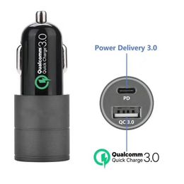 USB PD Car Charger, USB Port High-Speed QC 3.0 USB Port Car Chargers,PD+QC 3.0 Fast Charge, Black Compatible SAMSUNG HUAWEI Android