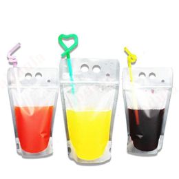 Water Bottles clear drink pouches bags frosted zipper stand-up plastic drinking bag with straw holder reclosable heat-proof