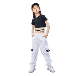 Kid Mode Hip Hop Schwarz Crop Top-T-Shirt Weiß Tactical Cargo Pants Kleidung für Mädchen Jazz-Tanz-Kostüm Kleidung Street Wear