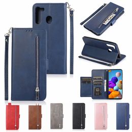 Luxury Zipper Flip Strap Stand Photo 5 Cards Cover Wallet Leather Case for Samsung Galaxy A51 A71 A11 A21 A41 A70E Huawei P40LITE P40PrO