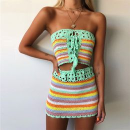 New Crochet Handmade Sexy BOHO Two Piece Sets Women Cover Up Bandage Striped Outfits Summer Tube Top And Skirt Beachwear 2020