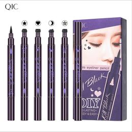 QIC Kill Black Double Eyeliner Stamp Pen Long Lasting Speedy Waterproof Eyes Makeup with Heart Star Moon or Plum Blossom 4 Styles