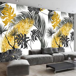 Custom Photo Hand Painted Black White Golden Leaves 3D Wall Murals Wallpaper Modern Living Room Sofa Decoration Wall Painting