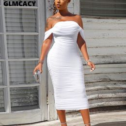 Women Off Shoulder Backless White Midi Dress Sexy Formal Eveing Party Long Vestidos Solid Church Dress