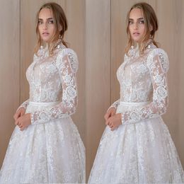 Wedding Dresses High Neck Long Sleeves Bead A Line Bridal Gowns Plus Size 4 6 8 10 12 14 16 18 20 22