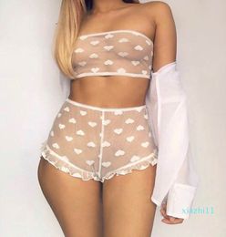 Fashion-New Sexy Women's Lace Tulle Lingerie Sets Heart Print Ruffles Exotic Sets Sleepwear Babydoll Lady Sexy Nightwear Underwear