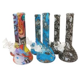 Beaker Base Silicone Water Pipes 7.5 Inch Cool Unbreakable Patterned Wax Concentrate Dabs Dry Herbs Tobacco Smoking Bong With Glass Bowl