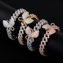 New Design 12mm Width 8inch Bling CZ Butterfly Bracelet Gold Silver Color Ice Out CZ Cuban Chain Bracelet Hip Hop Jewelry Wholesale