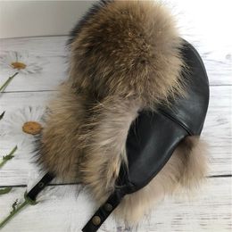 Unisex Real Natural Brown Raccoon Fur Hat Russian Ushanka Winter Warm Aviator Trapper Bomber Ski Earmuffs Cap