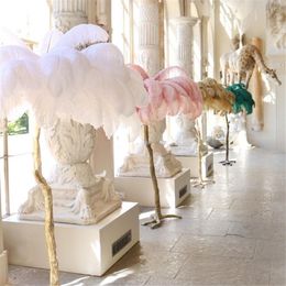 red hawaii NZ - Ostrich Feather Floor Lamp wedding road led standing decorations gold copper bedroom decors LED light living room party backdrop
