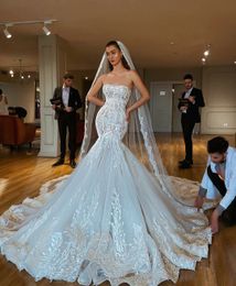 Wedding Dresses Mermaid Long Sleeves Bridal Gowns Lace Appliques Plus Size 2 4 6 8 10 12 14 16 18 20 22 Strapless