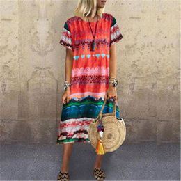 Short Sleeve Printed Women Dress Fashion Trend Summer New Casual Round Neck Print Loose Dress Designer Female Long Section Plus Size Dress