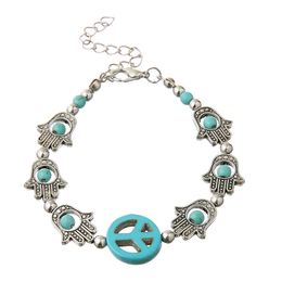 Retro Style with Green Beads Lucky Hand Charms Adjustable Chain Bracelet for Woman Party Jewellery