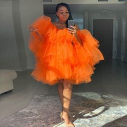Orange Women Short Homecoming Dress Plus Size Puffy Mini Tutu Skirts Tiered Tulle African Cocktail Party Dress Short Prom Gowns Vestidos