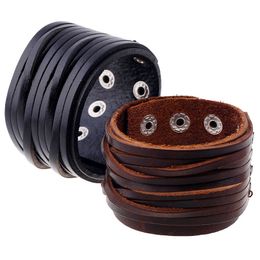 2020 3 Row Snaps Braided Leather Bracelets Black Wide Cuff Bracelets & Bangles for Women Men Jewellery