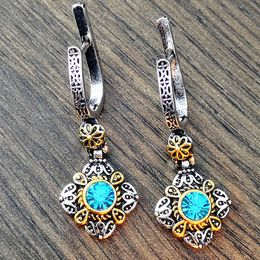 Antique Gold Silver Colour Flower Drop Earrings for Women Vintage Blue Stone Earrings 2019 Retro Jewellery Long Dangle Earings