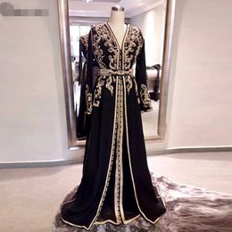 Black Long Sleeves Moroccan Caftans Evening Gowns v neck robes de soirée Vintage Formal Party Dress with Embroidery abiye Evening Dresses