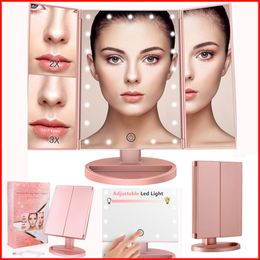 Trifold Vanity Makeup Mirror with 22 LED Lights 3X/2X Magnification Mirror Touch Screen Rotation beauty led lighted Cosmetics mirrors