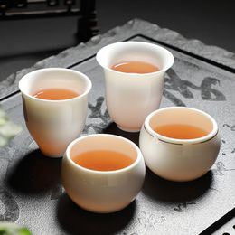 High-end single tea master cup White gold line zen tea bowl Lamb fat jade tea cup large-scale single cup purely