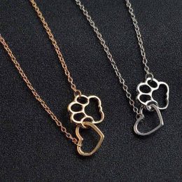 Dog Paw Heart Pendant necklace Silver Gold Plated Chain Fashion Best Friends heart in heart Jewelry for Women Kids