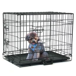Gaiola transportadora de fio dobrável de metal firme para animais de estimação porta dupla gato cão com divisor e bandeja de plástico preto PTCG01-24267s