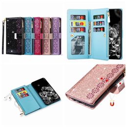 Flower Glitter Multifunction Leather Wallet Cases For Samsung S23 Plus S23 Ultra A33 5G A53 Note 20 S20 Flip Cover Card Slot Pocket Zipper Mobile Phone Pouches