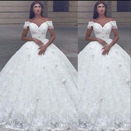 2024 New Modern Arabic Ball Gown Wedding Dresses Off Shoulder Lace 3D Appliques Beaded Princess Floor Length Puffy Plus Size Bridal Gowns 403