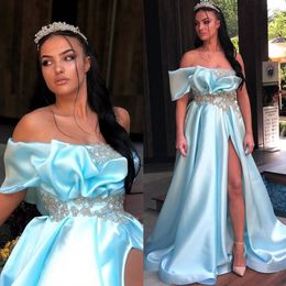 Light Sky Blue Beaded Prom Dresses Off The Shoulder Neck Side Split Evening Gowns Sweep Train Plus Size Satin Formal Dress