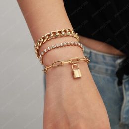 -Multi-Layer Gold Silber Farbkette Link Armband mit Strass Lock Anhänger Mode Armband Für Frauen Partei Schmuck
