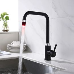 Intelligent Anti-Scald LED 3 Colors Matte Black Swivel Kitchen Faucet Tap Solid Brass Faucet Mixer Tap Basin Sink Mixer Tap