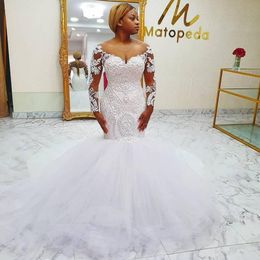 Dresses Gorgeous Mermaid Plus Size Long Sleeve Lace Appliqued Beads Bridal Gowns Sexy Fishtail Wedding Dress