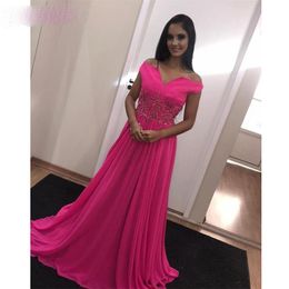 A-Line Chiffon Prom Party Dresses Long Off Shoulder Evening Dress Beaded Crystals Sweep Train Formal Gowns