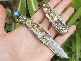New Arrival Mini Small Damascus Pocket Folding Knife VG10-Damascus Steel Drop Point Blade Abalone shell + Stainless Steel Sheet Handle